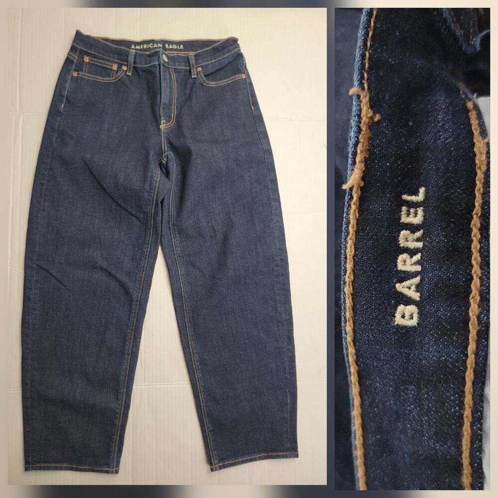 American Eagle Barrel Jeans Womens Sz 4 Long Stretch High Rise Relaxed Dark Wash